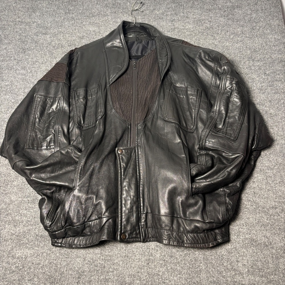 Vintage Leather Bomber Jacket Mens 2XL Black Genuine Leather Oversized